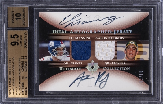 2005 Upper Deck Ultimate Collection Game Jersey Autograph Duals #AMR Eli Manning/Aaron Rodgers Dual-Signed Game Used Jersey Card (#02/10) - True Gem+ Example - BGS GEM MINT 9.5/BGS 10